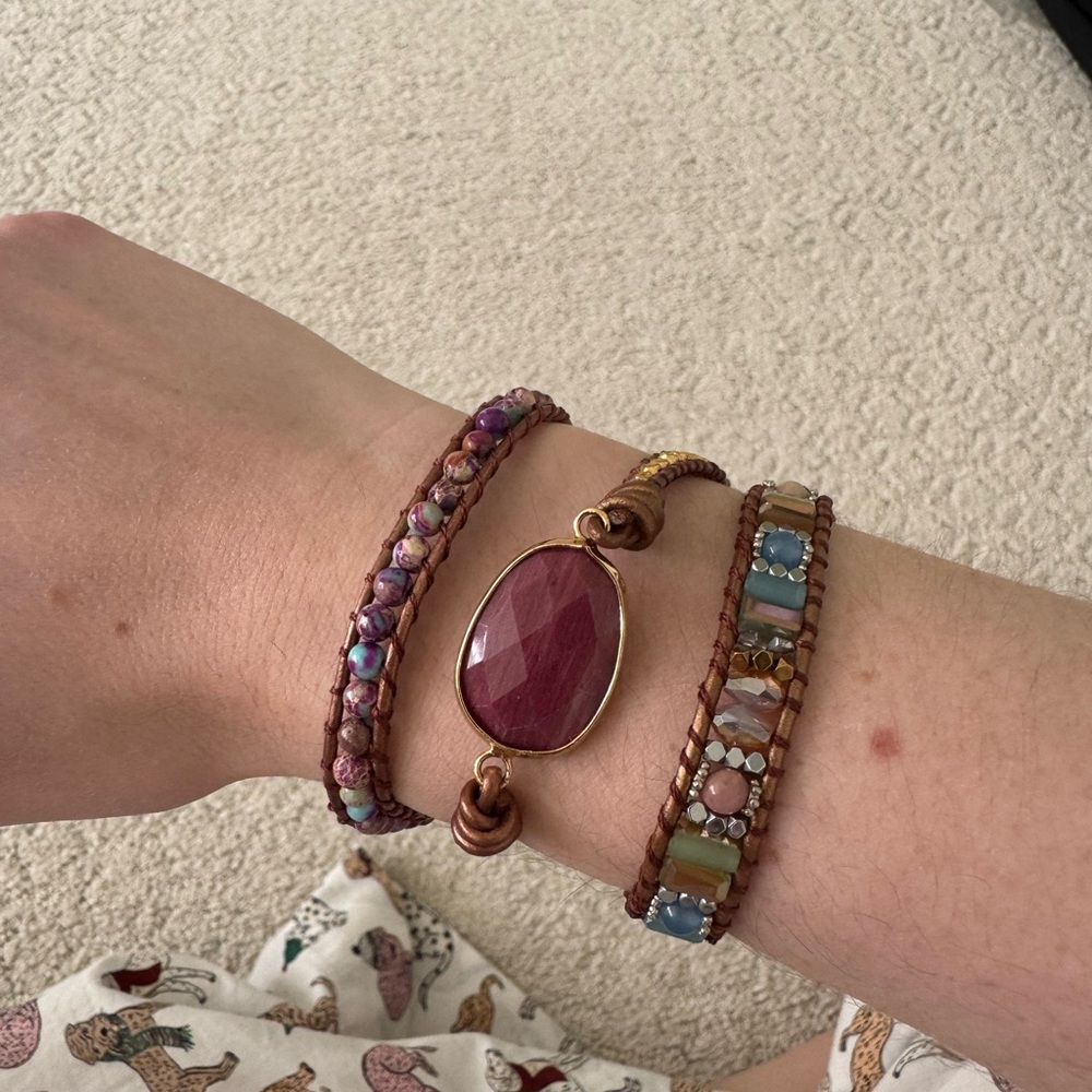 Handcrafted Pink Stone Leather Wrap Bracelet